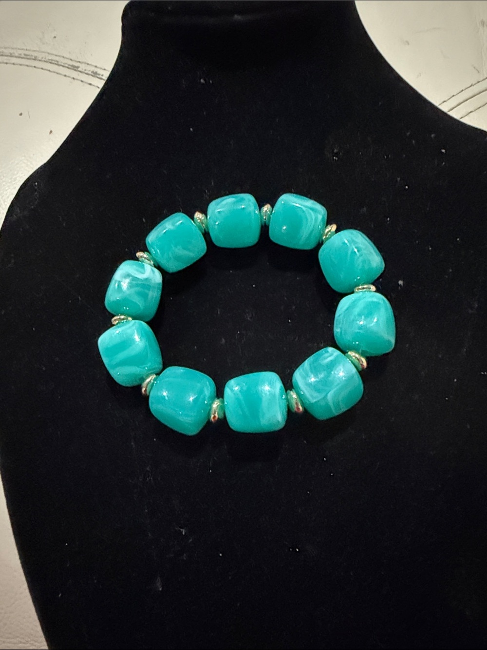 Turquoise Bead Stretch Bracelet with Gold Spacers - Women Jewelry